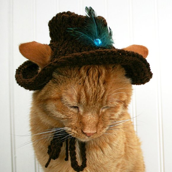 HAND CRAFTED Crochet Cowboy Cat Hat Brown Costume Pet Supply Photo Prop - Picture 3 of 12